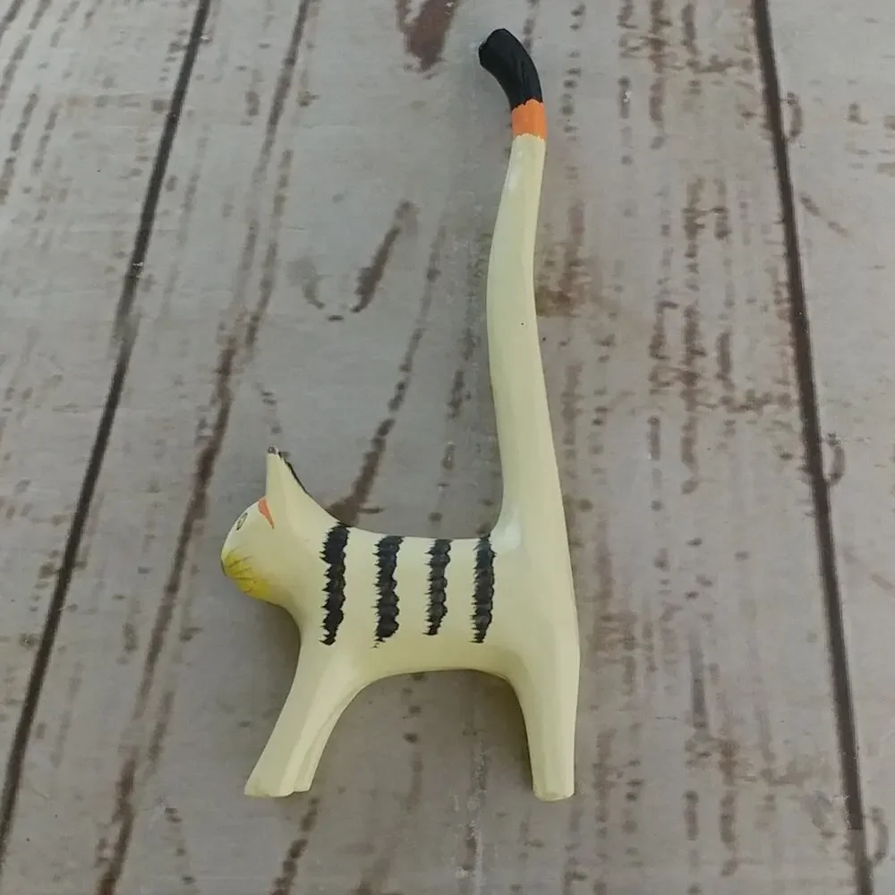 Yellow, Orange, and Black Long Tail Cat Jewelry/Ring Holder Figurine